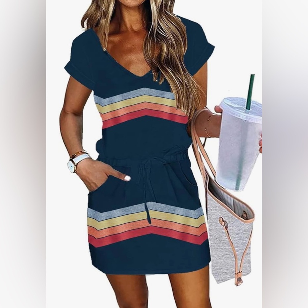 Blue and multicolored striped V-Neck Short Sleeve Mini Sundress